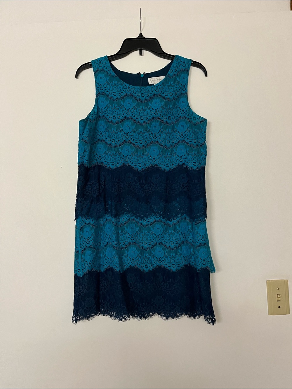 Jessica Simpson Teal and Navy Lace Tiered Shift Dress